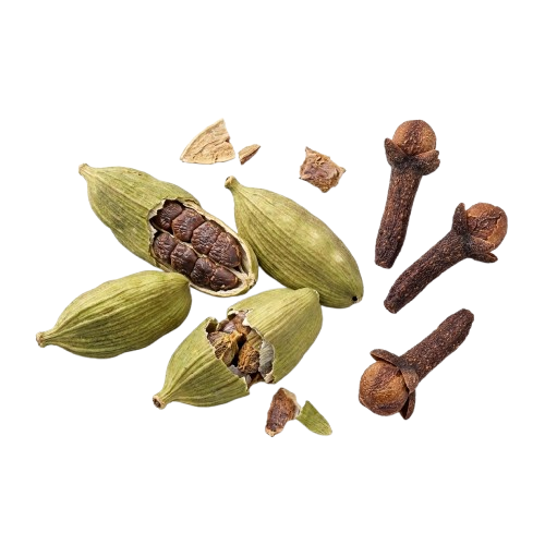 Green cardamom pods and whole cloves